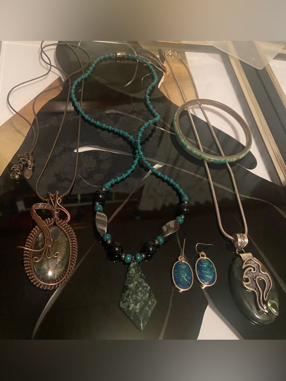 3 Necklaces, Brass Bracelet, & Earrings Lot- Greens #37